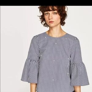 Zara blue striped Cropped top with pearls On Front 